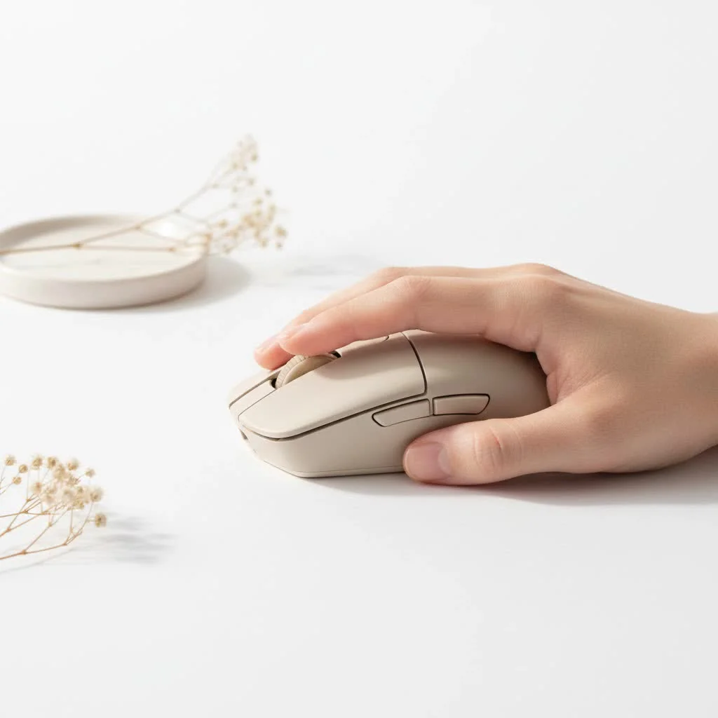 Close-up of a sleek black wireless gaming mouse on a desk