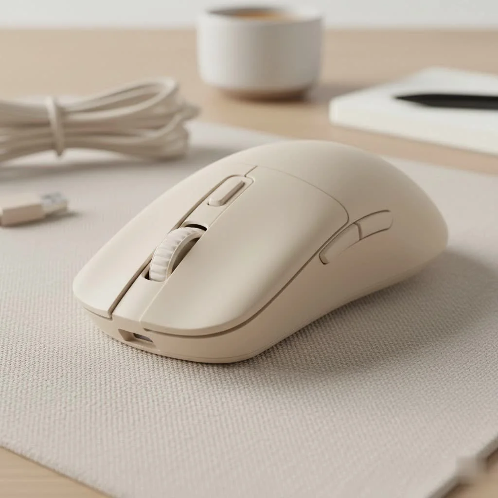 Close-up of a gaming mouse on a large, dark gaming mouse pad