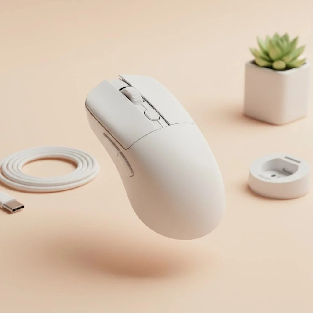 White wireless gaming mouse on a desk with a gaming setup