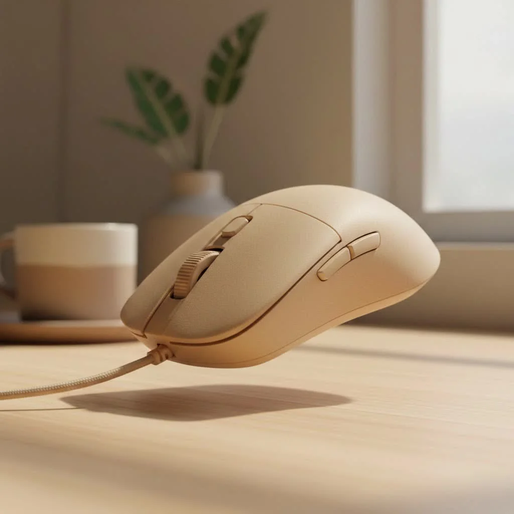 Four gaming mice on a dark surface, showcasing various designs and RGB lighting