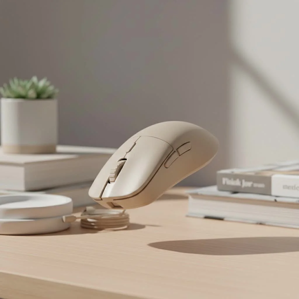Four gaming mice on a desk, showcasing various designs and RGB lighting