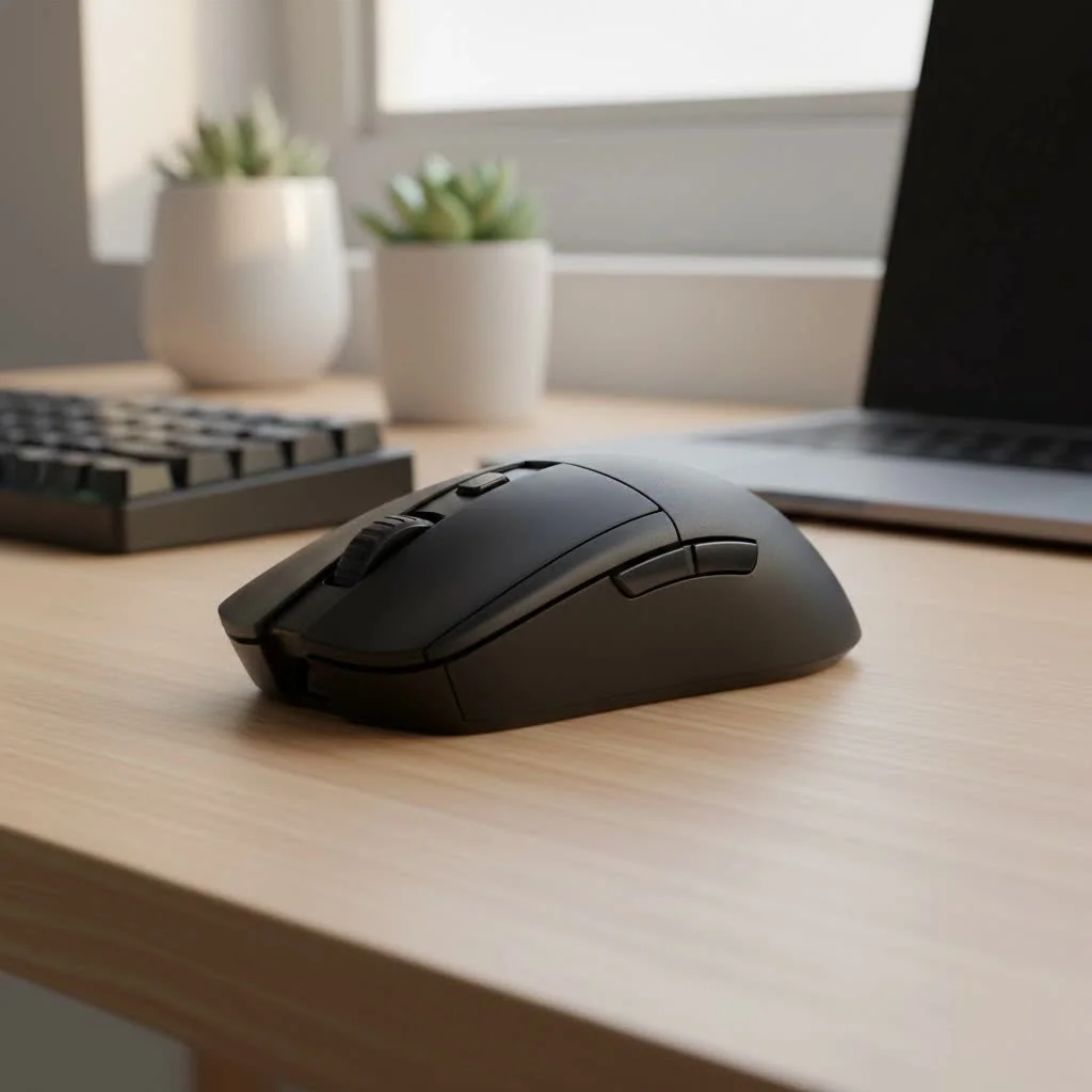 Close-up of a silent gaming mouse with RGB lighting