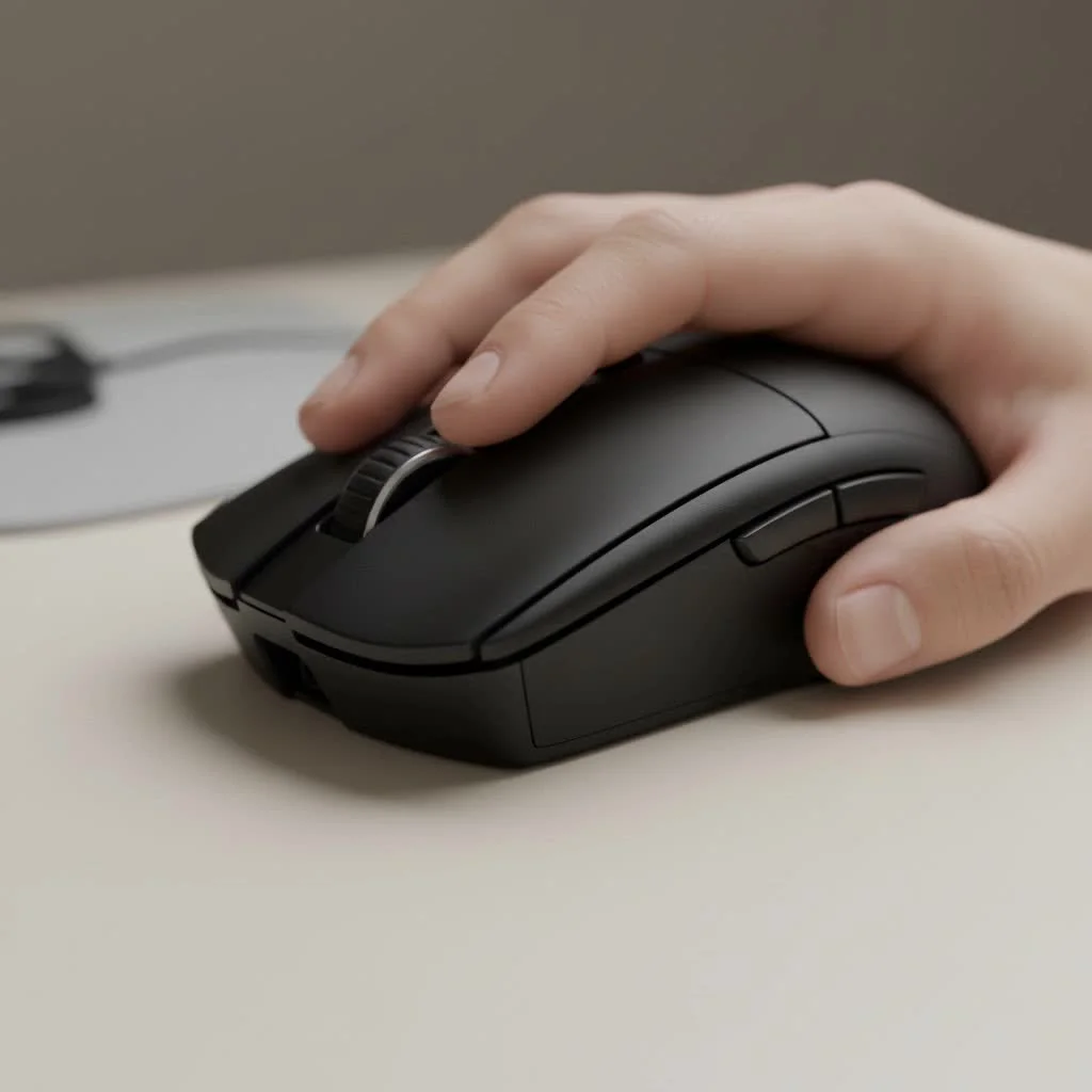 Gamer using a vertical gaming mouse on a desk